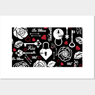 Kitsch Valentine | black, white and red | love pattern Posters and Art